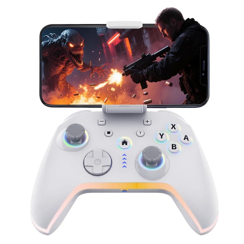 Bcofo Wireless Mobile Game Controller for iOS/iPhone/Android/Cell Phone/Switch/Laptop, Gaming Gamepad with Phone Clip for Gamers, Hall Effect Triggers, Wired PC Control, with RGB LED Lighting/Vibration/6-Axis Gyro/Turbo (White) - Image 1